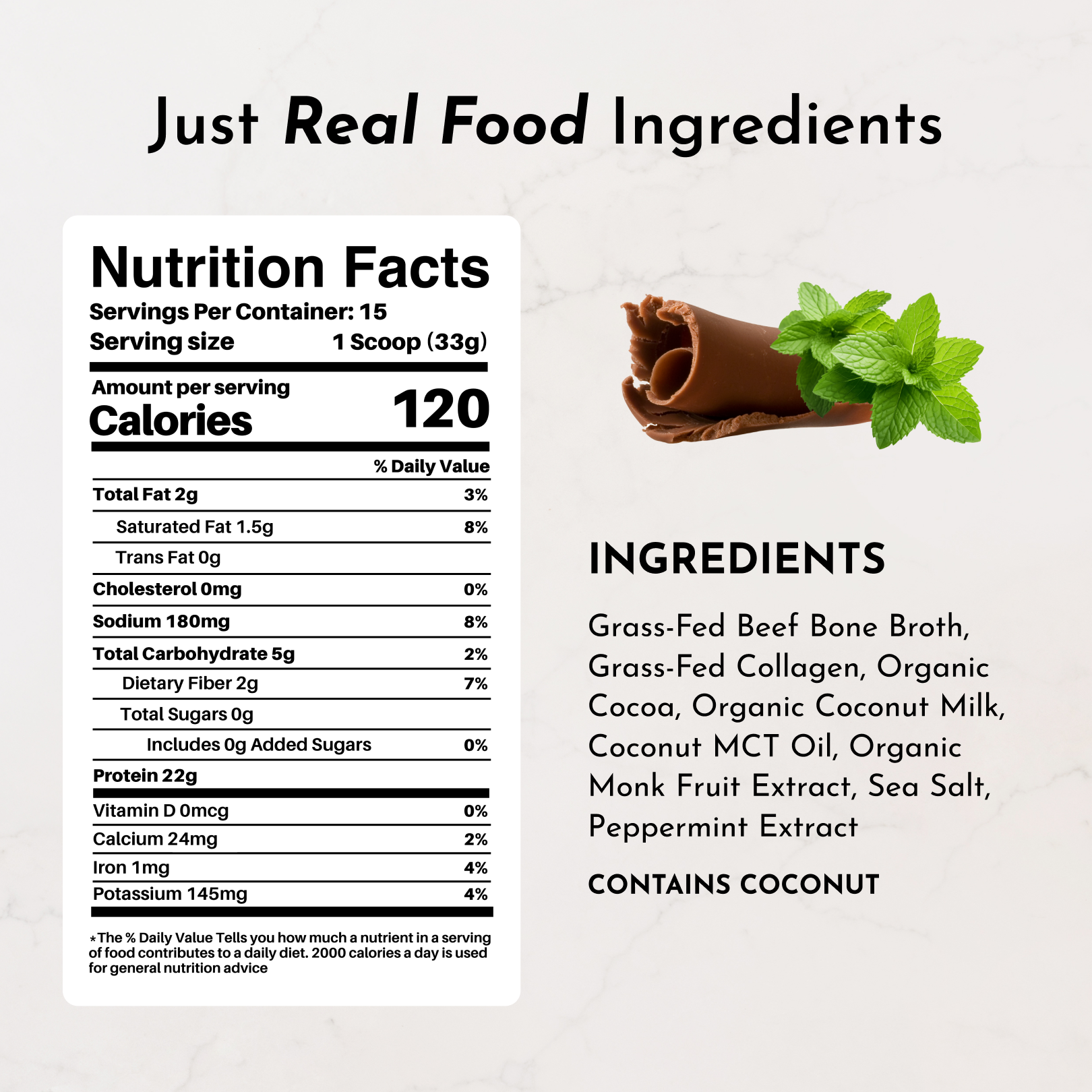 Mint Chocolate Bone Broth Protein Powder - 22g Protein, Dairy-Free