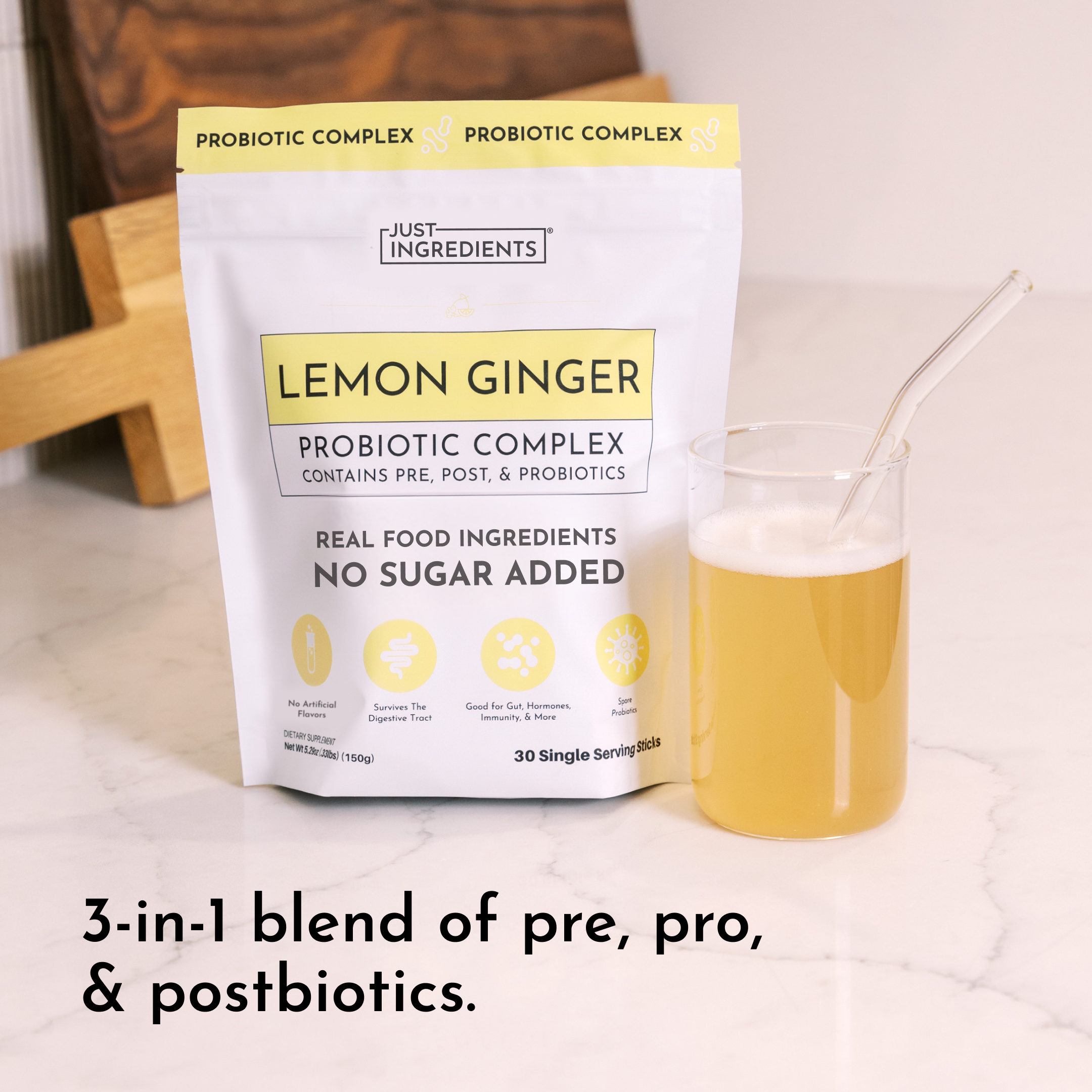 Lemon Ginger 3-In-1 Probiotic Complex - 30 Single-Serving Sticks