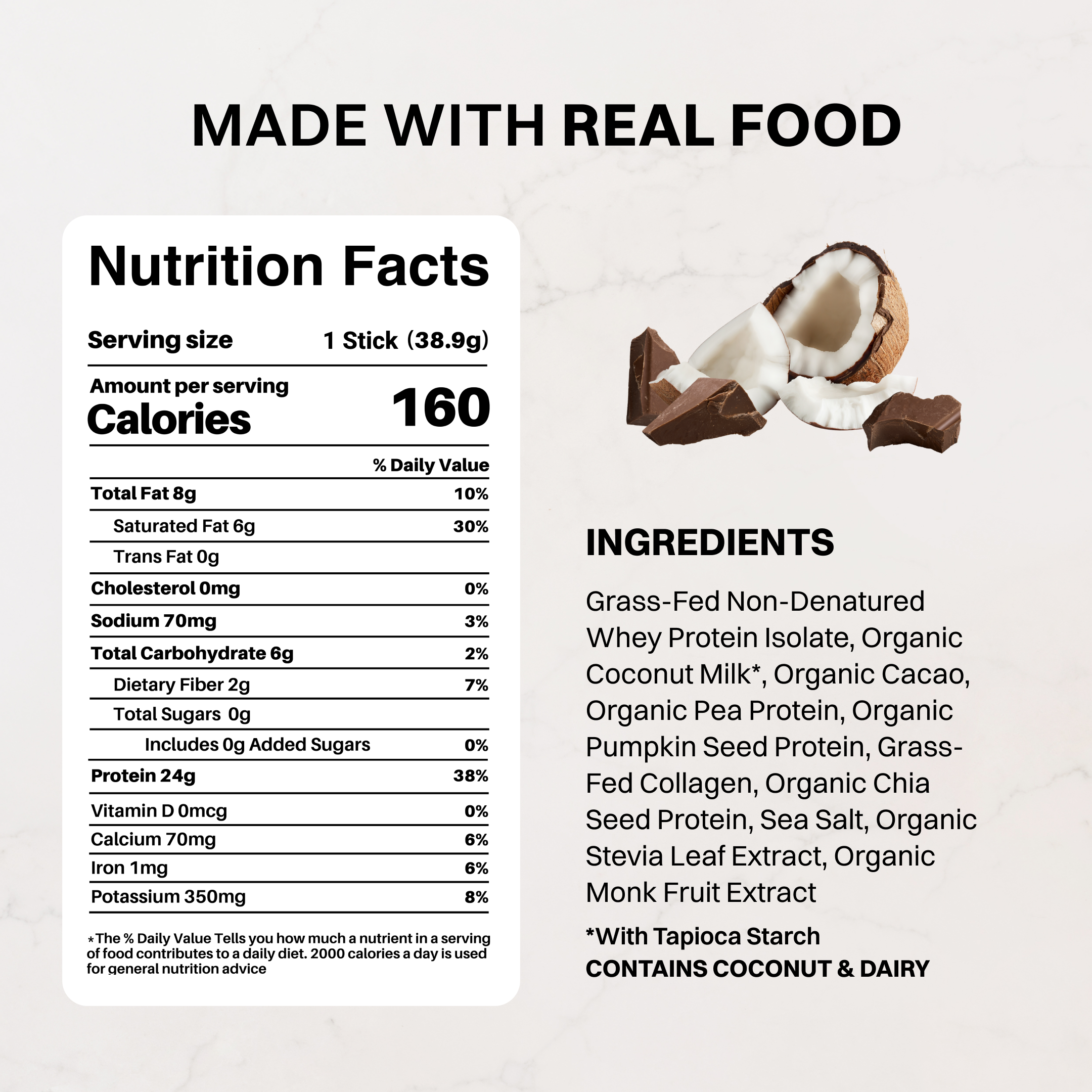 Coconut Chocolate Protein Stick, 24g Protein, No Artificial Sweeteners