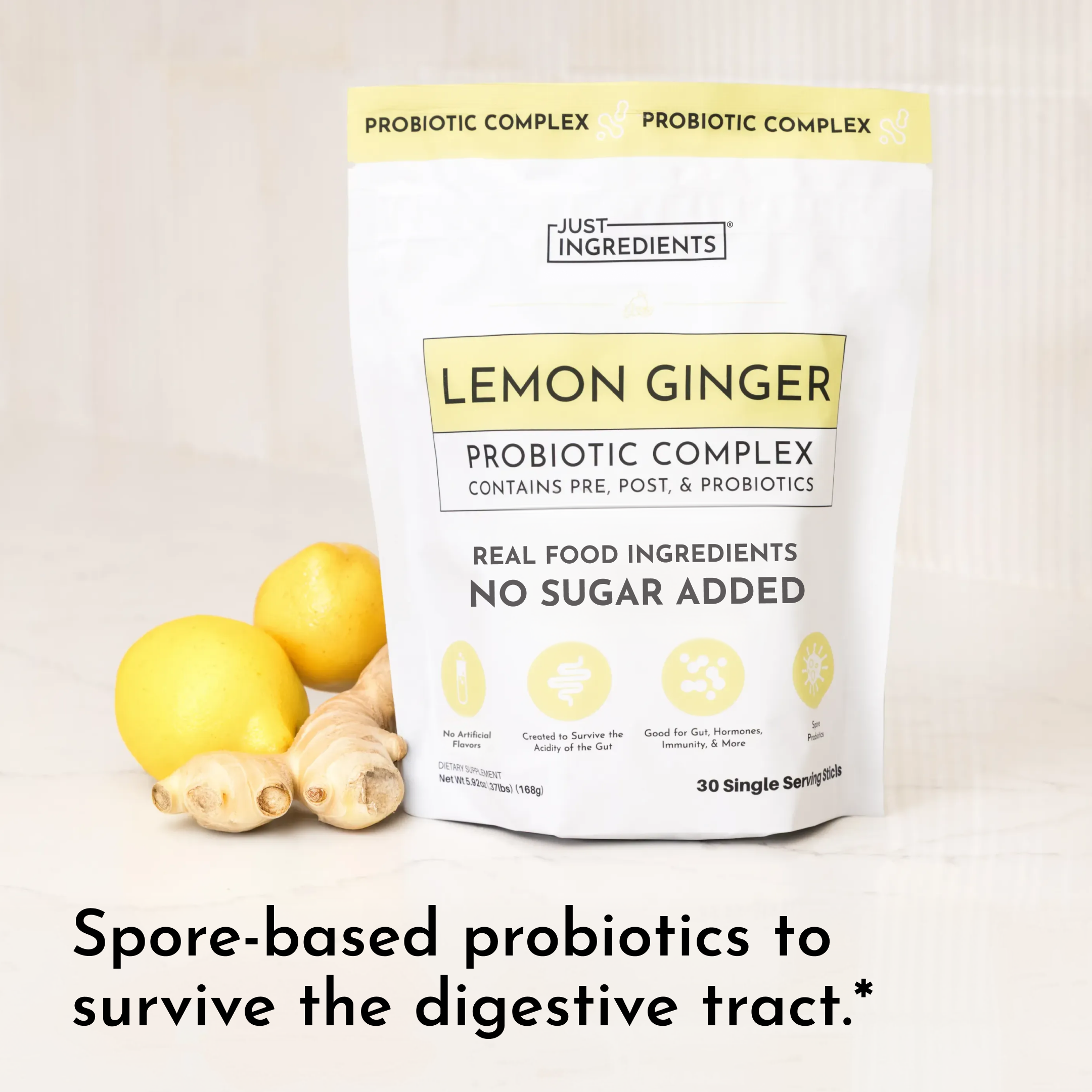 Lemon Ginger 3-In-1 Probiotic Complex - 30 Single-Serving Sticks