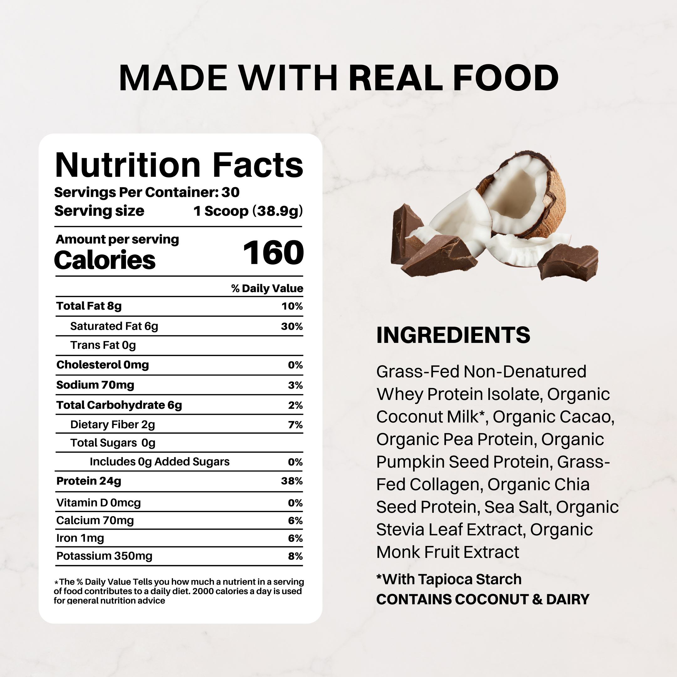 Coconut Chocolate Protein Powder - 24g Protein, Grass-Fed Whey Blend
